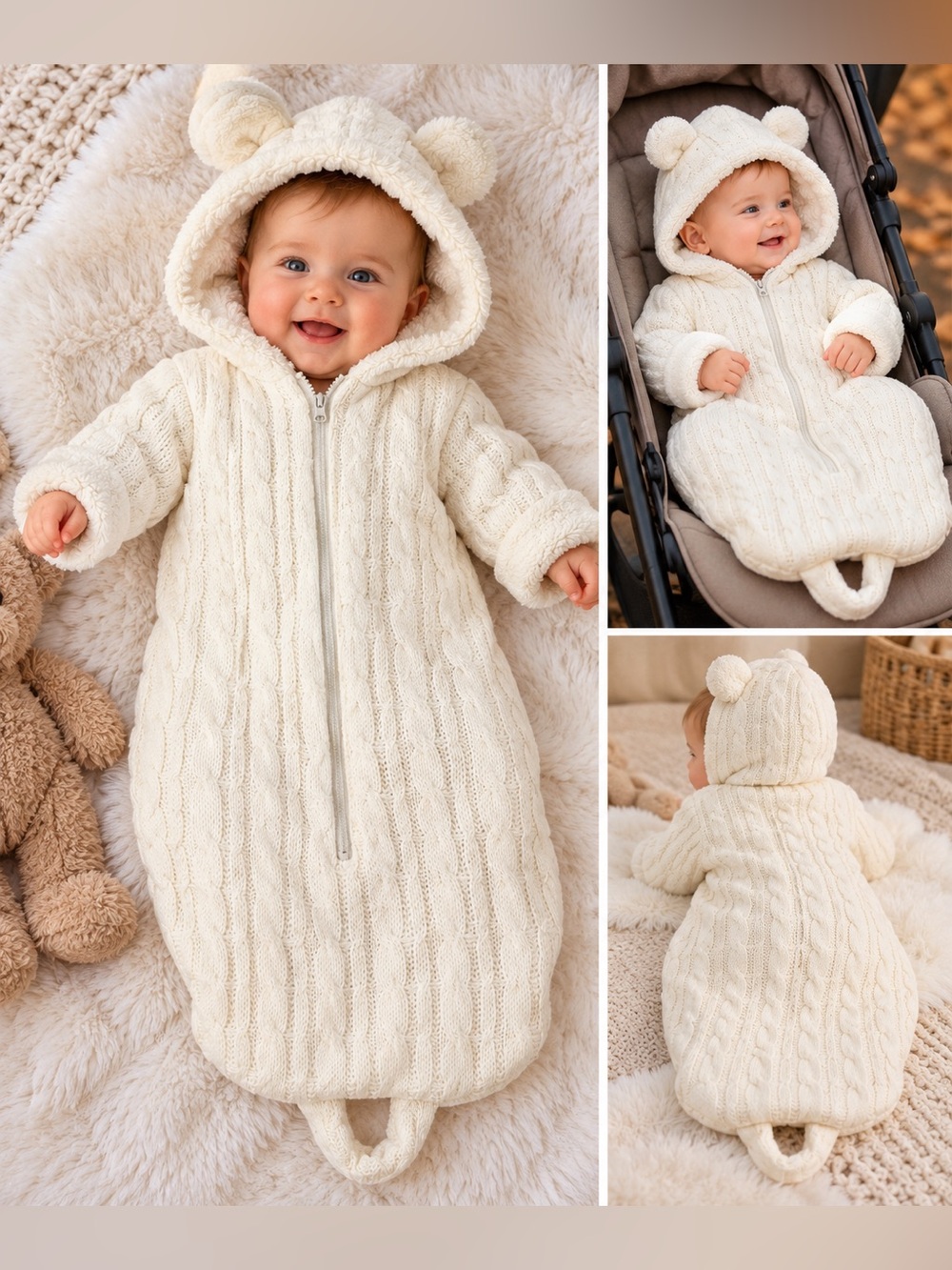 Donna Salyers Fabulous Furs Baby 6-12M Ivory Cable Knit Faux Fur Bunting Bag